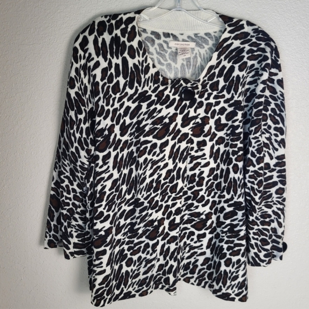 Covington Leopard/Animal Print Cardigan Single Button 3/4 Sleeves Women's Size L